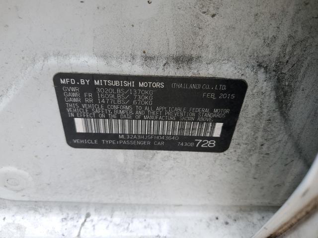 ML32A3HJ5FH043640 - 2015 MITSUBISHI MIRAGE DE WHITE photo 12