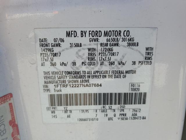 1FTRF12227NA07684 - 2007 FORD F150 WHITE photo 12