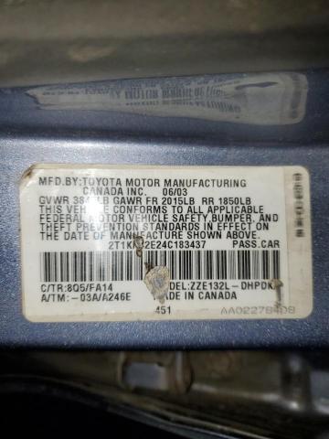 2T1KR32E24C183437 - 2004 TOYOTA COROLLA MA XR GRAY photo 12