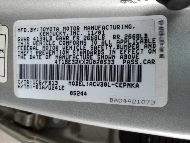 4T1BE32KX2U020533 - 2002 TOYOTA CAMRY LE SILVER photo 12