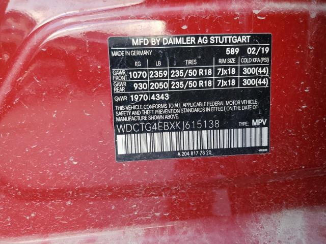 WDCTG4EBXKJ615138 - 2019 MERCEDES-BENZ GLA 250 Rojo foto 13