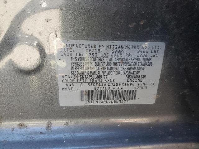 3N1CN7AP6JL869177 - 2018 NISSAN VERSA S GRAY photo 12