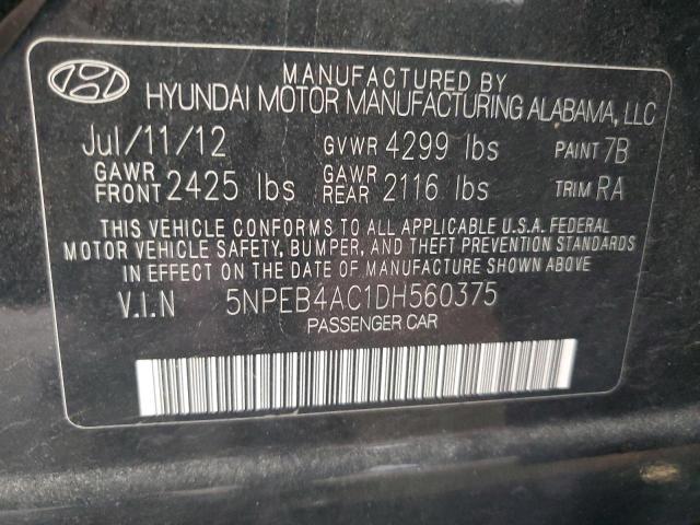 5NPEB4AC1DH560375 - 2013 HYUNDAI SONATA GLS BLACK photo 12