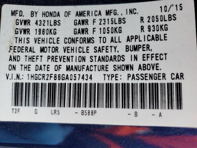 1HGCR2F86GA057434 - 2016 HONDA ACCORD EXL BLUE photo 13