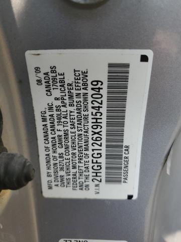 2HGFG126X9H542049 - 2009 HONDA CIVIC LX SILVER photo 12