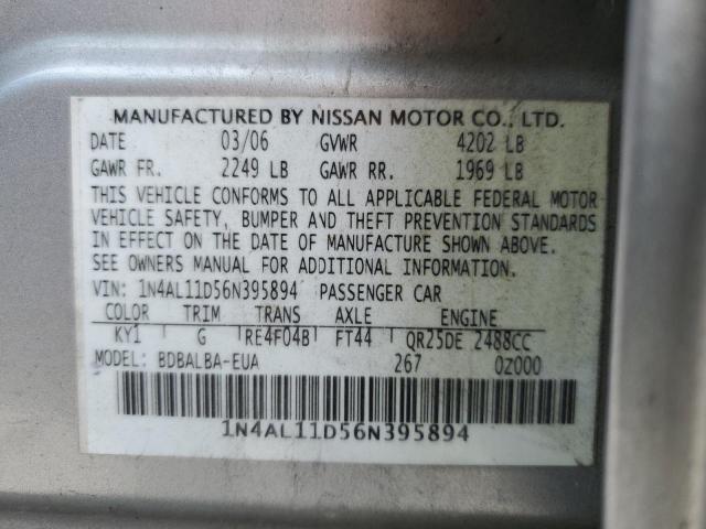 1N4AL11D56N395894 - 2006 NISSAN ALTIMA S SILVER photo 12