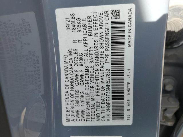 2HGFE2F56NH527832 - 2022 HONDA CIVIC SPORT Сұр фото 12