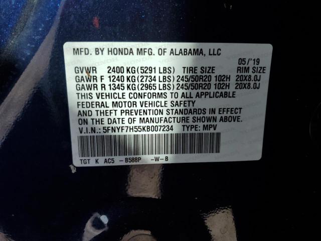 5FNYF7H55KB007234 - 2019 HONDA PASSPORT EXL BLUE photo 13