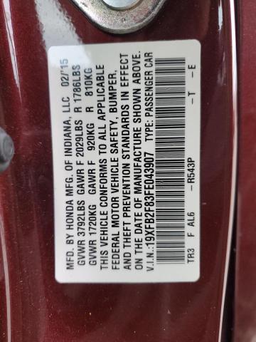 19XFB2F83FE043907 - 2015 HONDA CIVIC EX BURGUNDY photo 12