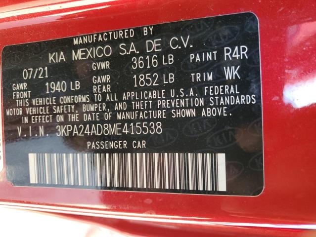 3KPA24AD8ME415538 - 2021 KIA RIO LX RED photo 12