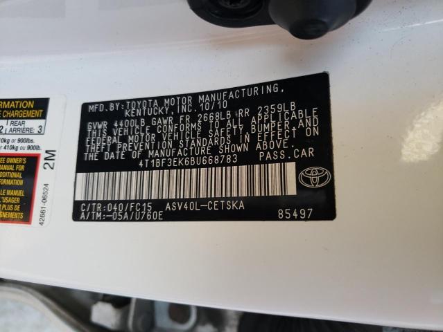 4T1BF3EK6BU668783 - 2011 TOYOTA CAMRY BASE WHITE photo 12