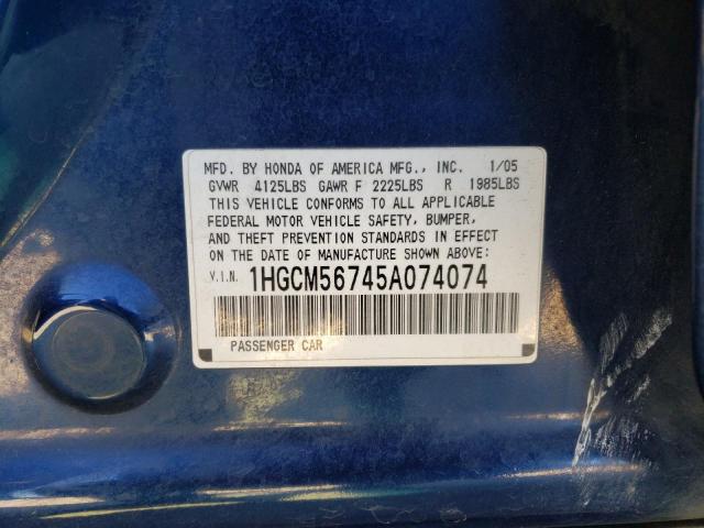 1HGCM56745A074074 - 2005 HONDA ACCORD EX BLUE photo 12