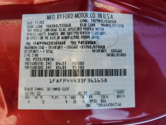 1FAFP44433F361658 - 2003 FORD MUSTANG RED photo 13