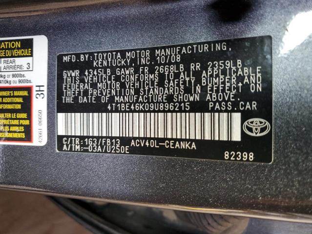 4T1BE46K09U896215 - 2009 TOYOTA CAMRY BASE GRAY photo 12