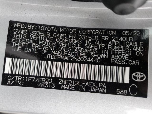 JTDEPMAE2N3024440 - 2022 TOYOTA COROLLA LE SILVER photo 12