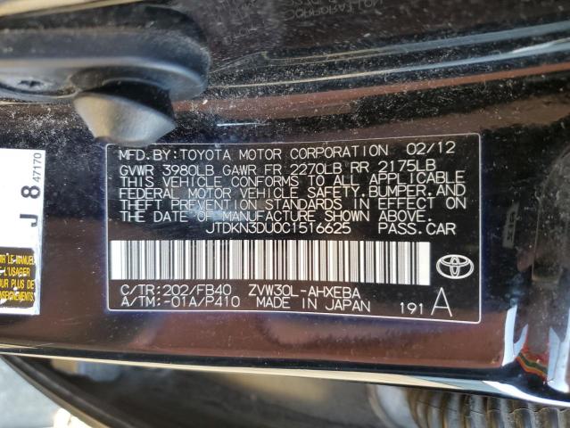 JTDKN3DU0C1516625 - 2012 TOYOTA PRIUS BLACK photo 12