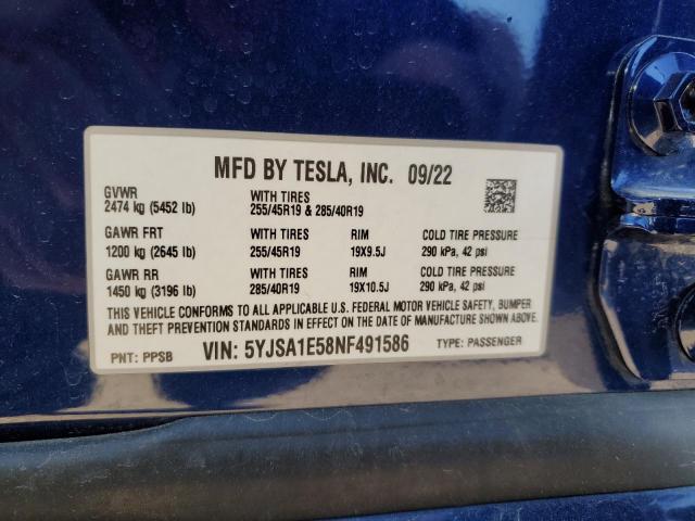 5YJSA1E58NF491586 - 2022 TESLA MODEL S BLUE photo 13