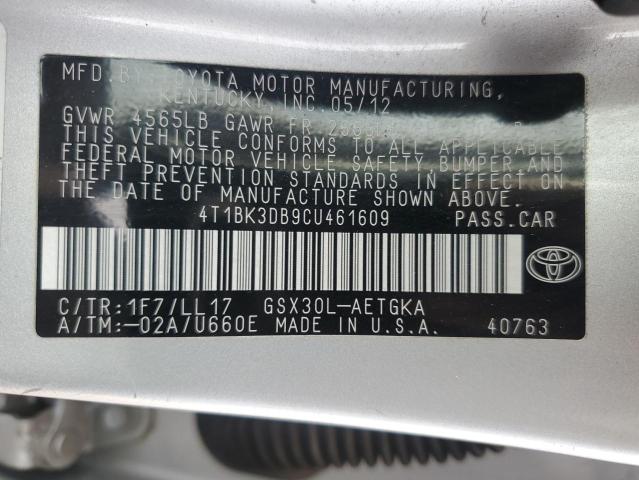 4T1BK3DB9CU461609 - 2012 TOYOTA AVALON BASE SILVER photo 12