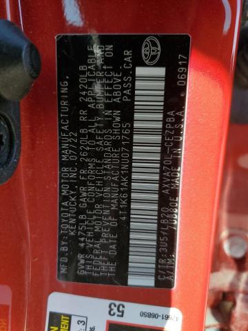 4T1K61AK1NU071765 - 2022 TOYOTA CAMRY XSE Rojo foto 12