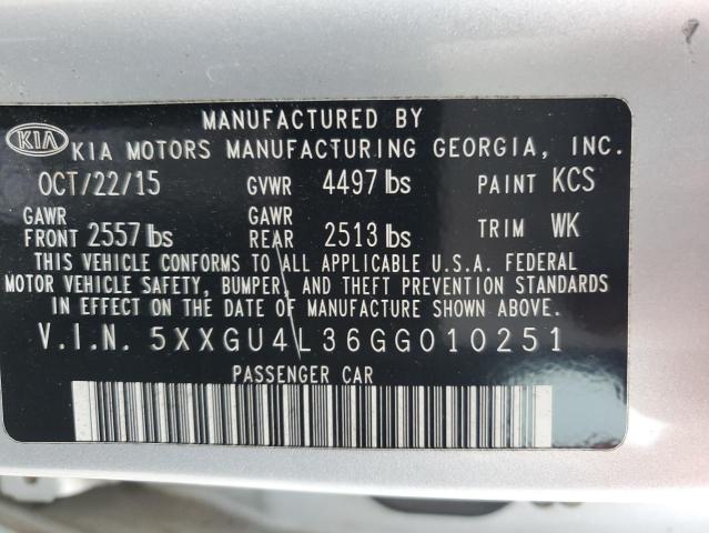 5XXGU4L36GG010251 - 2016 KIA OPTIMA EX SILVER photo 12