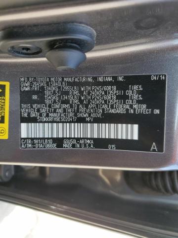 5TDKKRFH9ES020417 - 2014 TOYOTA HIGHLANDER XLE GRAY photo 13