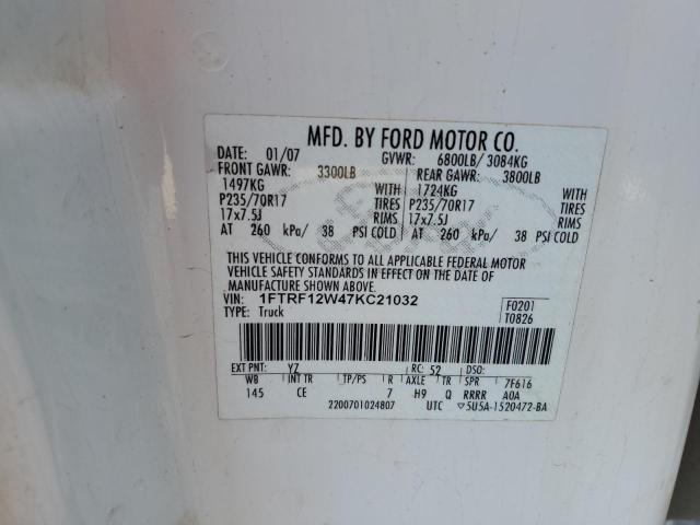 1FTRF12W47KC21032 - 2007 FORD F150 WHITE photo 12