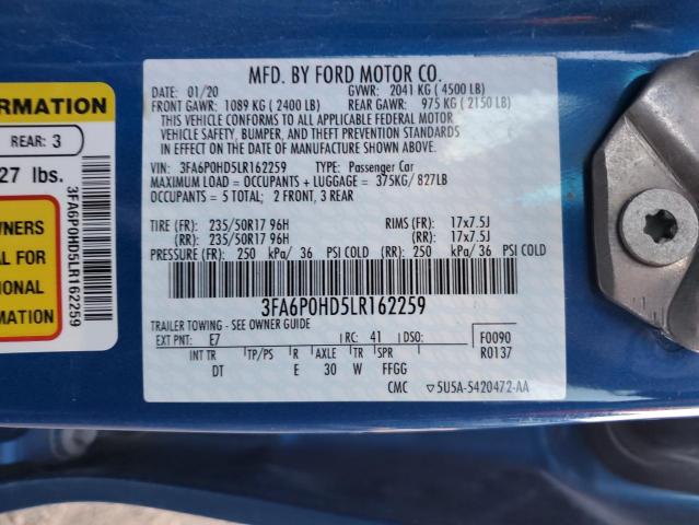 3FA6P0HD5LR162259 - 2020 FORD FUSION SE BLUE photo 12