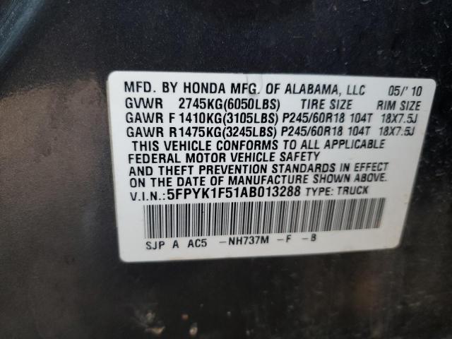 5FPYK1F51AB013288 - 2010 HONDA RIDGELINE RTL CHARCOAL photo 12