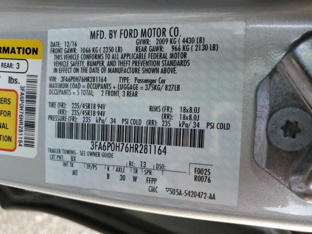 3FA6P0H76HR281164 - 2017 FORD FUSION SE SILVER photo 13