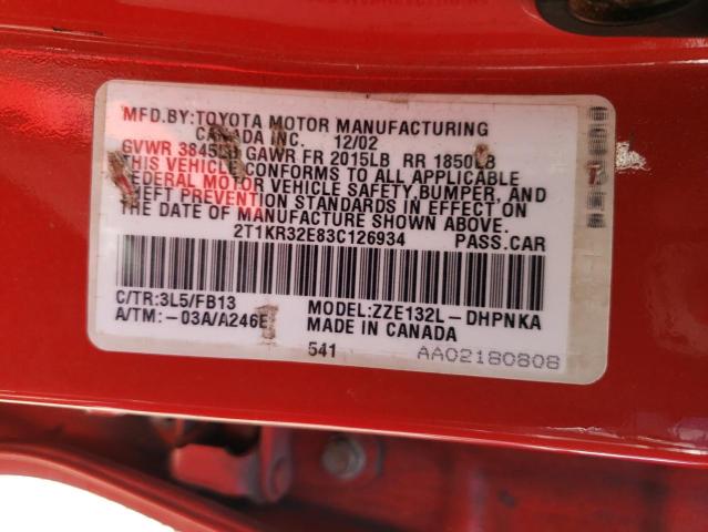 2T1KR32E83C126934 - 2003 TOYOTA COROLLA MA XR RED photo 12