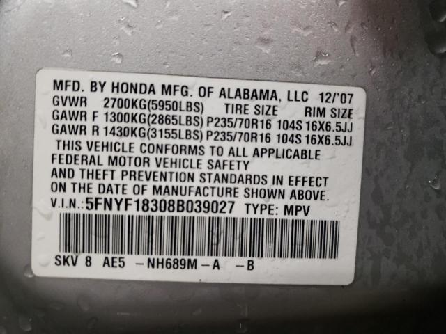 5FNYF18308B039027 - 2008 HONDA PILOT SE SILVER photo 12