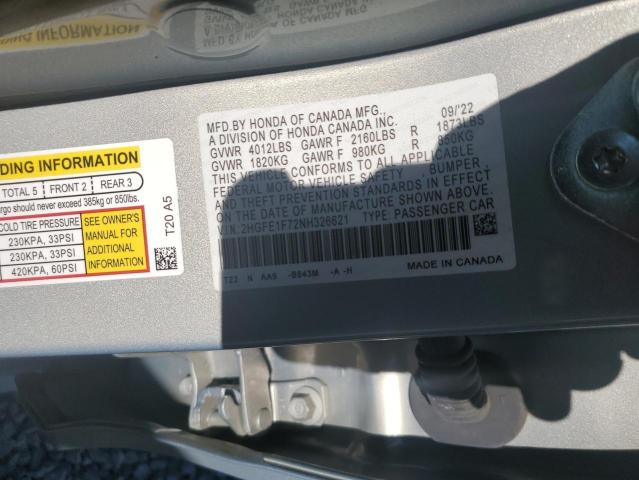 2HGFE1F72NH326621 - 2022 HONDA CIVIC EX SILVER photo 13