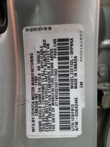 2T1KR32E33C117882 - 2003 TOYOTA COROLLA MA XR SILVER photo 12