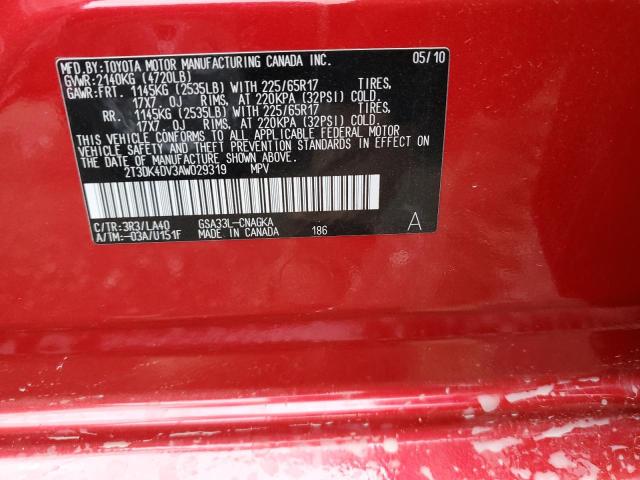 2T3DK4DV3AW029319 - 2010 TOYOTA RAV4 LIMITED RED photo 13