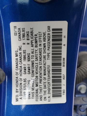 2HGFC2F73JH540751 - 2018 HONDA CIVIC EX BLUE photo 12