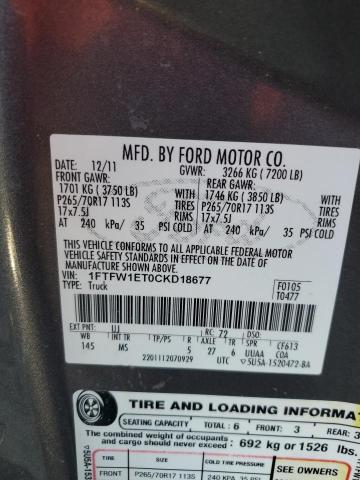 1FTFW1ET0CKD18677 - 2012 FORD F150 SUPERCREW GRAY photo 12