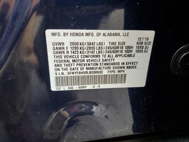 5FNYF6H59LB038630 - 2020 HONDA PILOT EXL BLUE photo 13