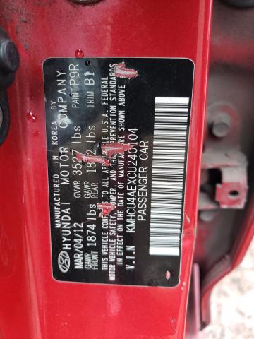 KMHCU4AEXCU240104 - 2012 HYUNDAI ACCENT GLS RED photo 12