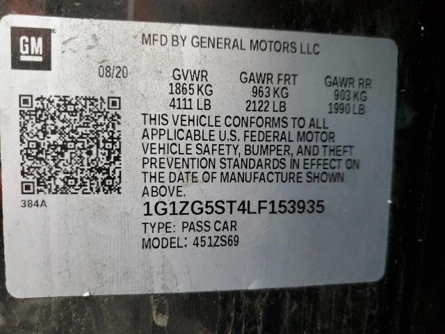 1G1ZG5ST4LF153935 - 2020 CHEVROLET MALIBU RS 黑色 照片 12