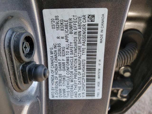 2HGFC2F83LH548070 - 2020 HONDA CIVIC SPORT GRAY photo 12