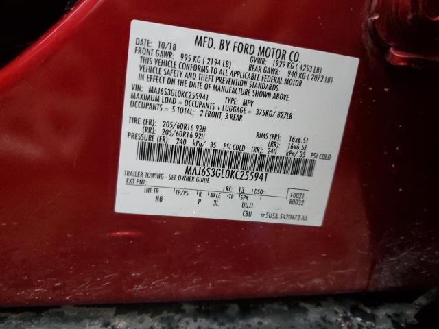 MAJ6S3GL0KC255941 - 2019 FORD ECOSPORT SE RED photo 13