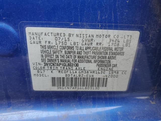 3N1CN7AP1GL803130 - 2016 NISSAN VERSA S BLUE photo 12