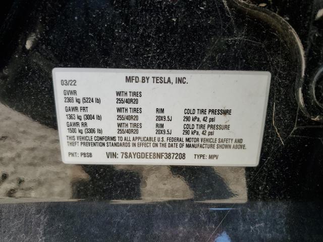7SAYGDEE8NF387208 - 2022 TESLA MODEL Y Черный фото 14