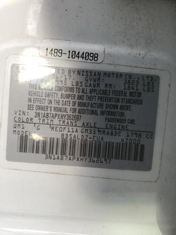 3N1AB7APXHY362697 - 2017 NISSAN SENTRA S WHITE photo 13