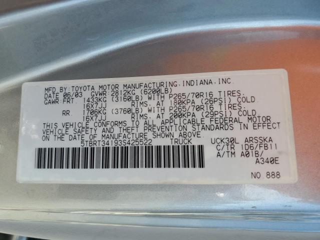 5TBRT34193S425522 - 2003 TOYOTA TUNDRA ACCESS CAB SR5 SILVER photo 12