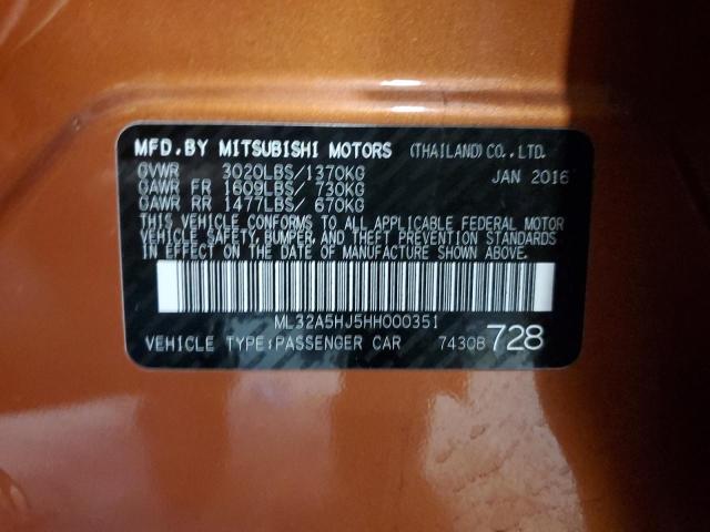 ML32A5HJ5HH000351 - 2017 MITSUBISHI MIRAGE GT ORANGE photo 12