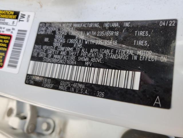 5TDHZRBH5NS216964 - 2022 TOYOTA HIGHLANDER XLE 白色 照片 13