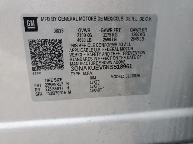 3GNAXUEV5KS518961 - 2019 CHEVROLET EQUINOX LT SILVER photo 12