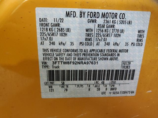 3FTTW8F92NRA97631 - 2022 FORD MAVERICK XL YELLOW photo 12