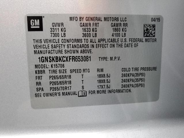 1GNSKBKCXFR653081 - 2015 CHEVROLET TAHOE K1500 LT SILVER photo 13